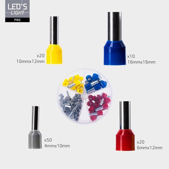 Sortiment an Aderendhülsen – 5 Größen von 4 mm² bis 16 mm² – 225 Stück