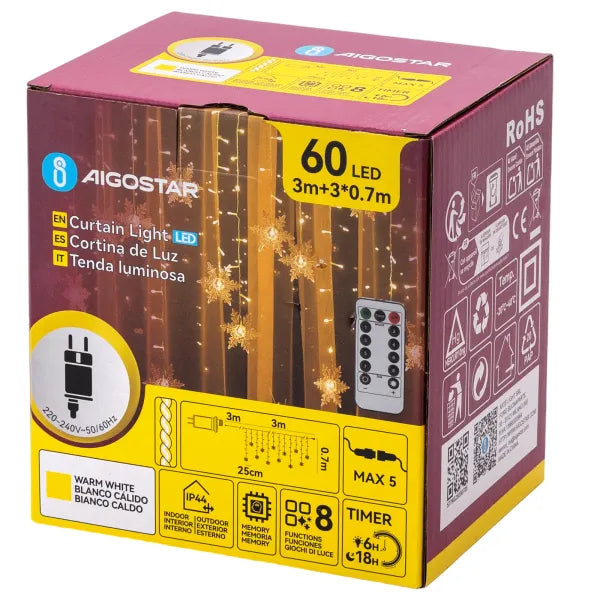 Aigostar ijspegel lichtsnoer sneeuwvlok warm wit met 60 LED lampen voor sfeervolle verlichting