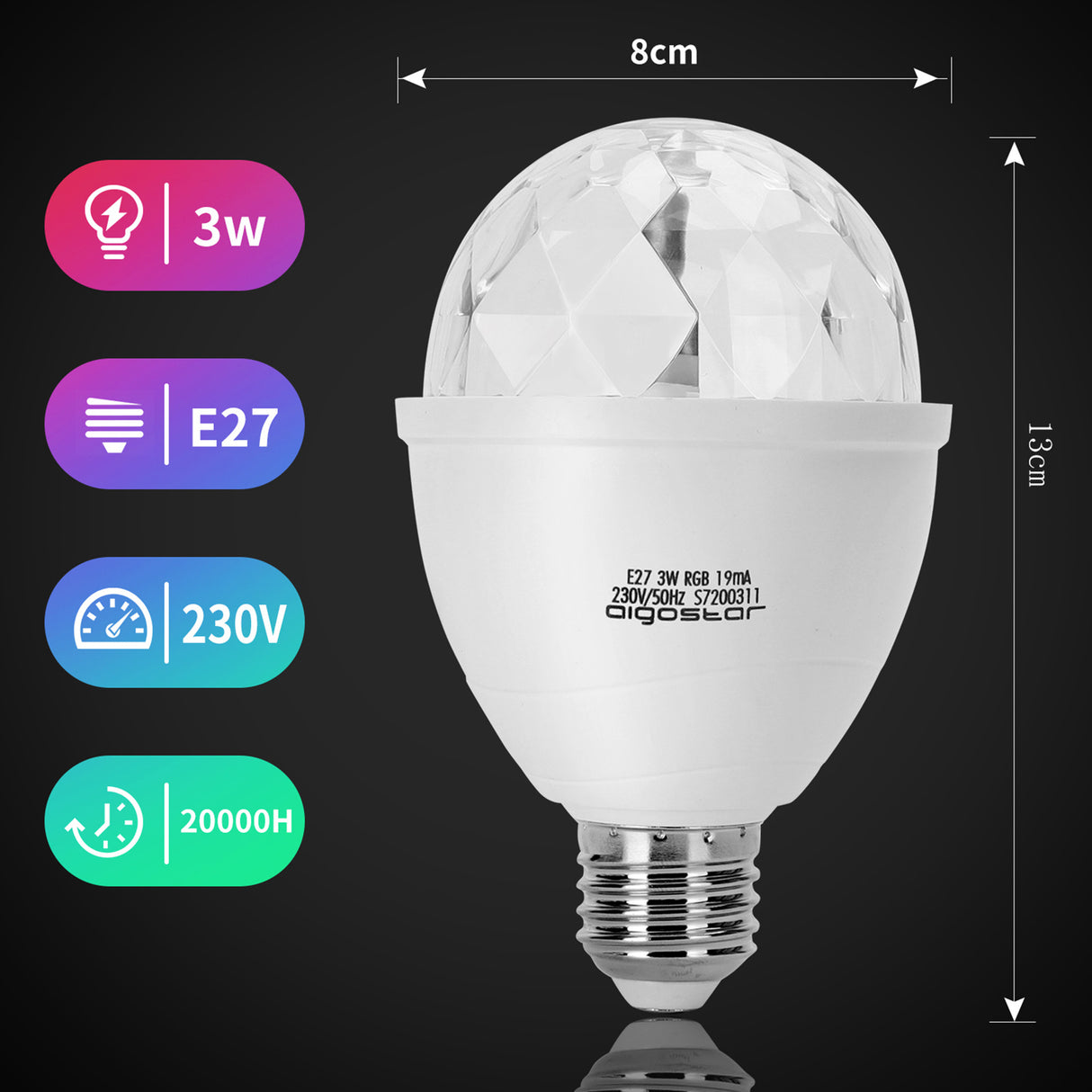 Disco-Lampe mit E27-Fassung | LED 3W | RGB mehrfarbig | drehen