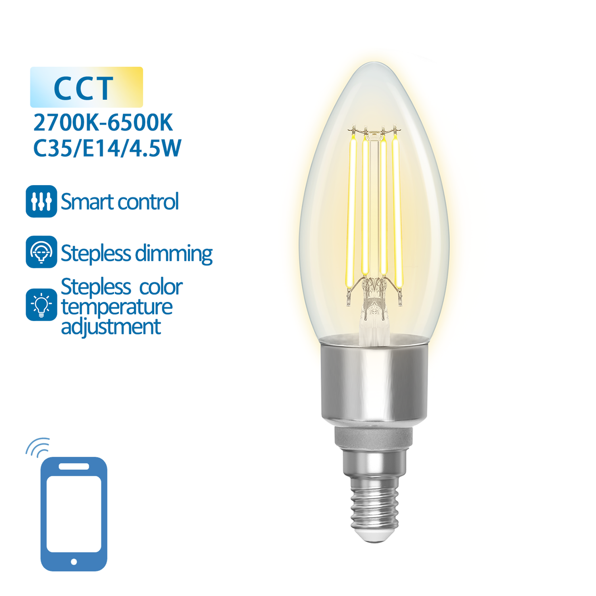 Kerzenlampe E14 4,5W WiFi + Bluetooth CCT 2700K-6500K | Smarte Lampe C35 – warmweiß – tageslichtweiße Filament-LED ~ 470 Lumen – klares Glas – 230 Volt