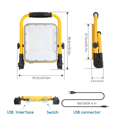 Construction light - rechargeable work light - USB | LED 100W=250W floodlight | daylight white 6500K - 3 modes + blue-red flashing | waterproof IP65 - LEDPLANET.NL