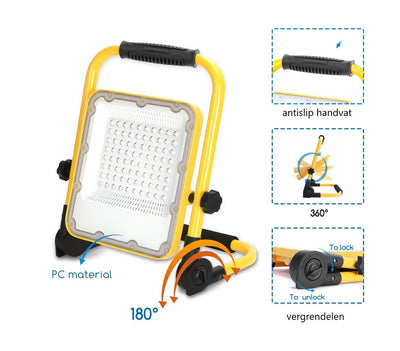 Baustrahler – wiederaufladbares Arbeitslicht – USB | LED 50W=150W Flutlicht | tageslichtweiß 6500K – 3 Modi + blau-rotes Blinklicht | wasserdicht IP65 – LEDPLANET.NL
