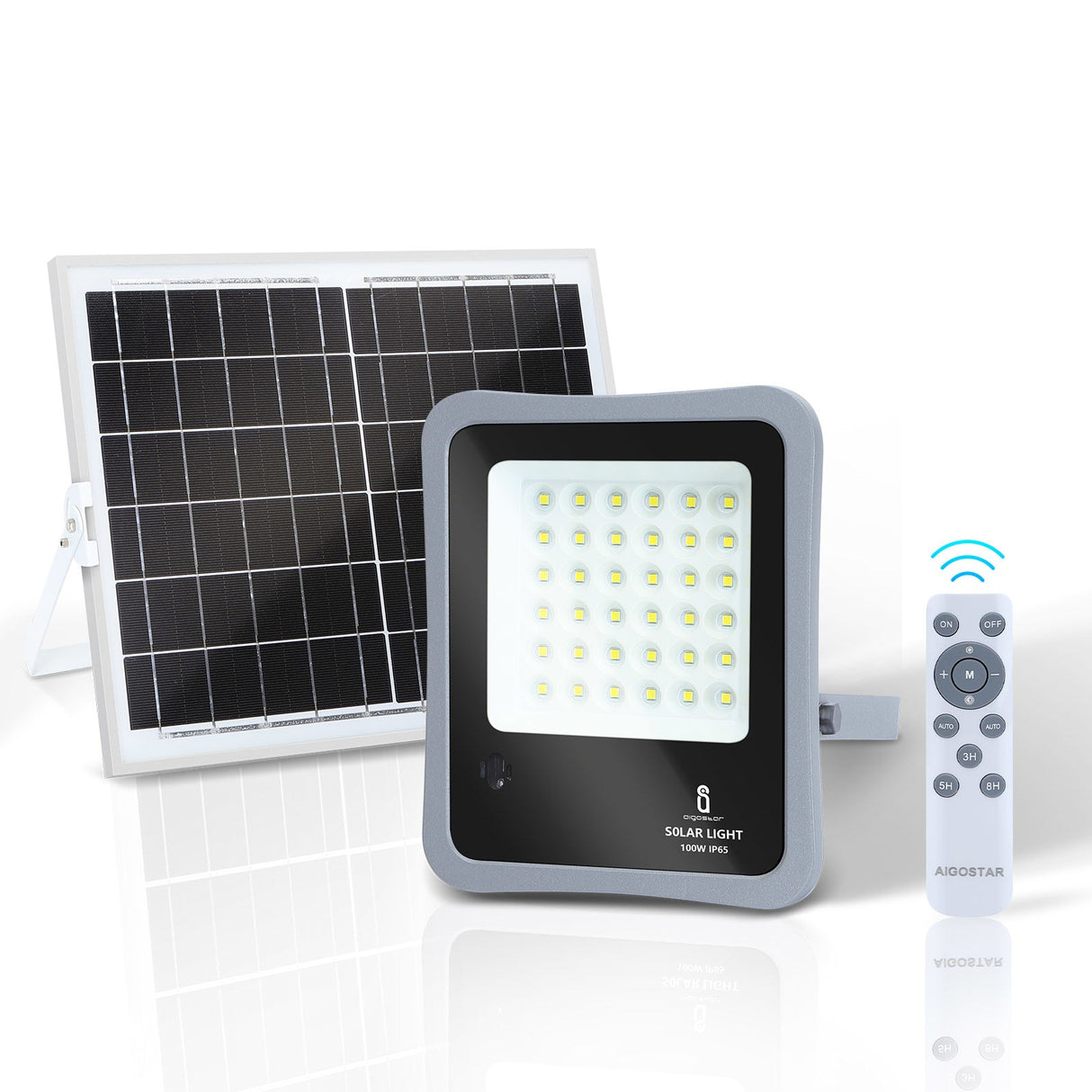 Buitenlamp grijs met zonnepaneel | LED bouwlamp 100W~1200 Lumen schijnwerper + afstandsbediening | daglichtwit 6500K - 90° lichthoek | waterdicht IP65 - LEDPLANET.NL