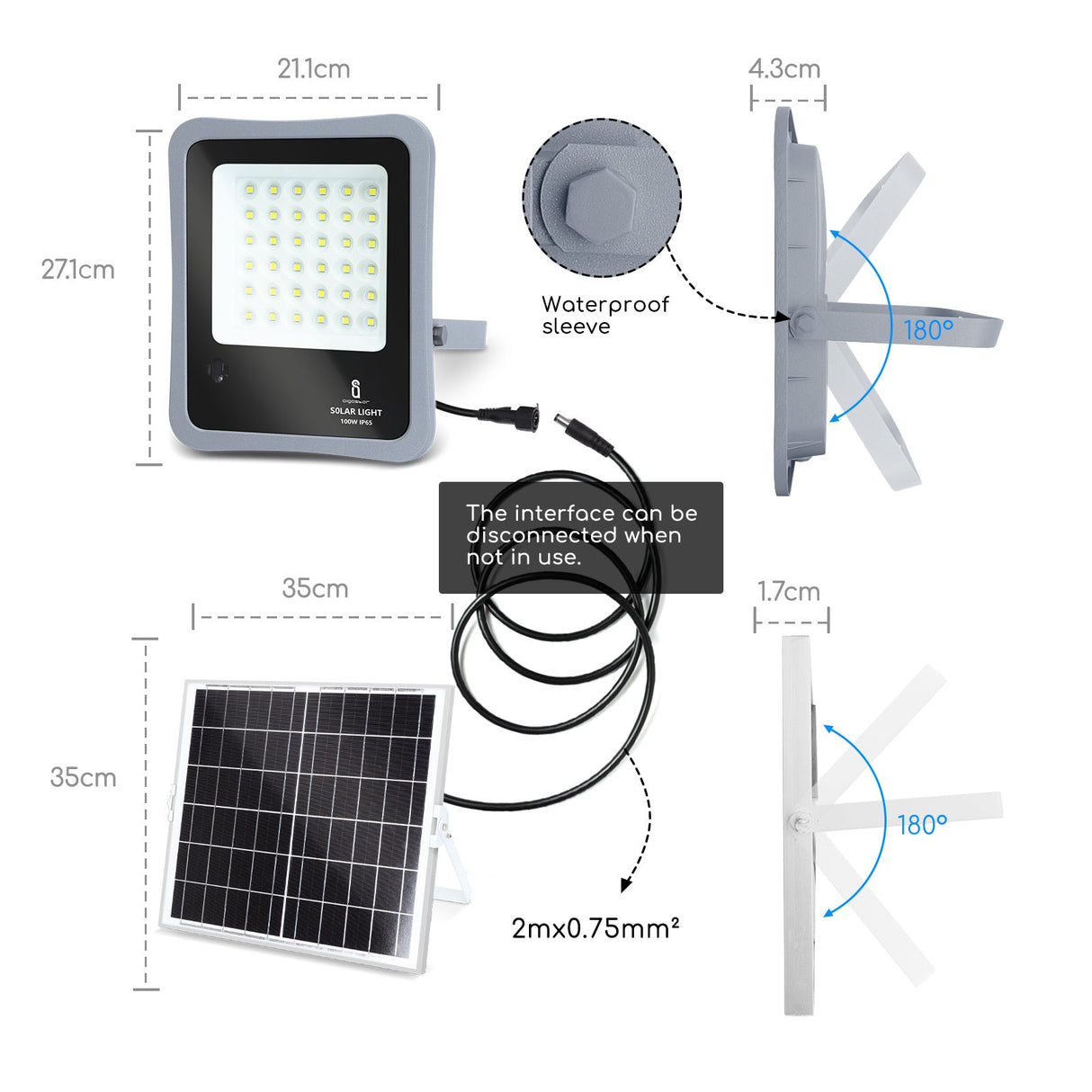 Buitenlamp grijs met zonnepaneel | LED bouwlamp 100W~1200 Lumen schijnwerper + afstandsbediening | daglichtwit 6500K - 90° lichthoek | waterdicht IP65 - LEDPLANET.NL