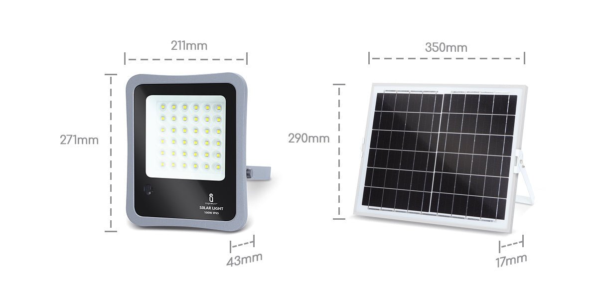 Buitenlamp grijs met zonnepaneel | LED bouwlamp 100W~1200 Lumen schijnwerper + afstandsbediening | daglichtwit 6500K - 90° lichthoek | waterdicht IP65 - LEDPLANET.NL