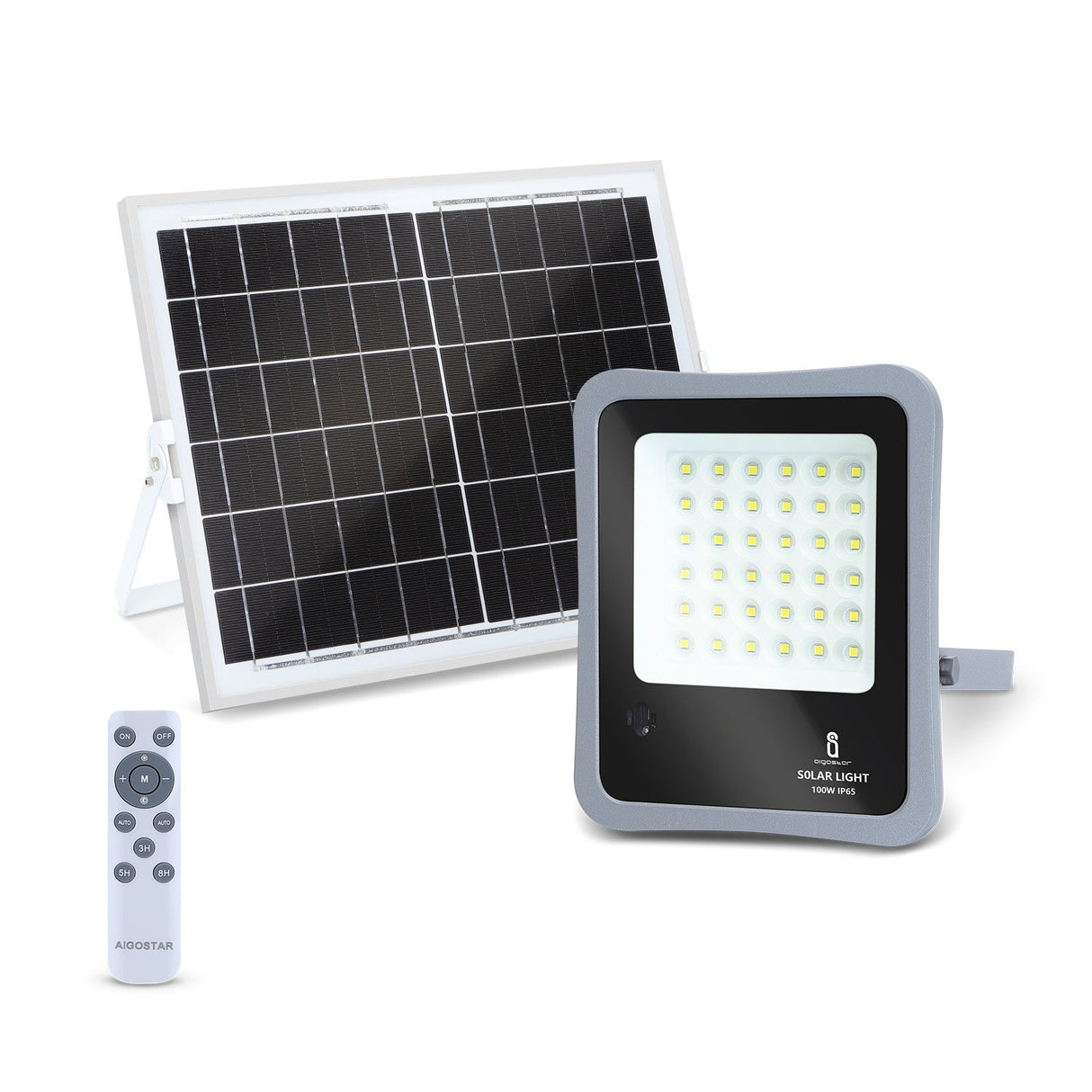 Buitenlamp grijs met zonnepaneel | LED bouwlamp 100W~1200 Lumen schijnwerper + afstandsbediening | daglichtwit 6500K - 90° lichthoek | waterdicht IP65 - LEDPLANET.NL