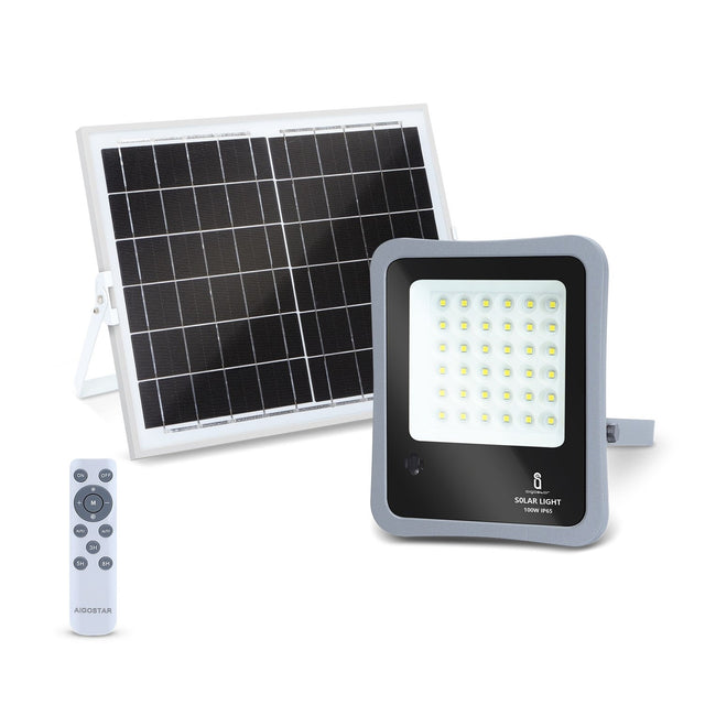 Buitenlamp grijs met zonnepaneel | LED bouwlamp 100W~1200 Lumen schijnwerper + afstandsbediening | daglichtwit 6500K - 90° lichthoek | waterdicht IP65 - LEDPLANET.NL
