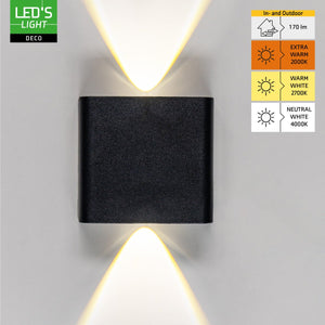 LED Wall Light 170 Lumen - 2W - Cool White 4000K/Warm White 2700K/2000K - Black - IP65 - Outdoor Lighting
