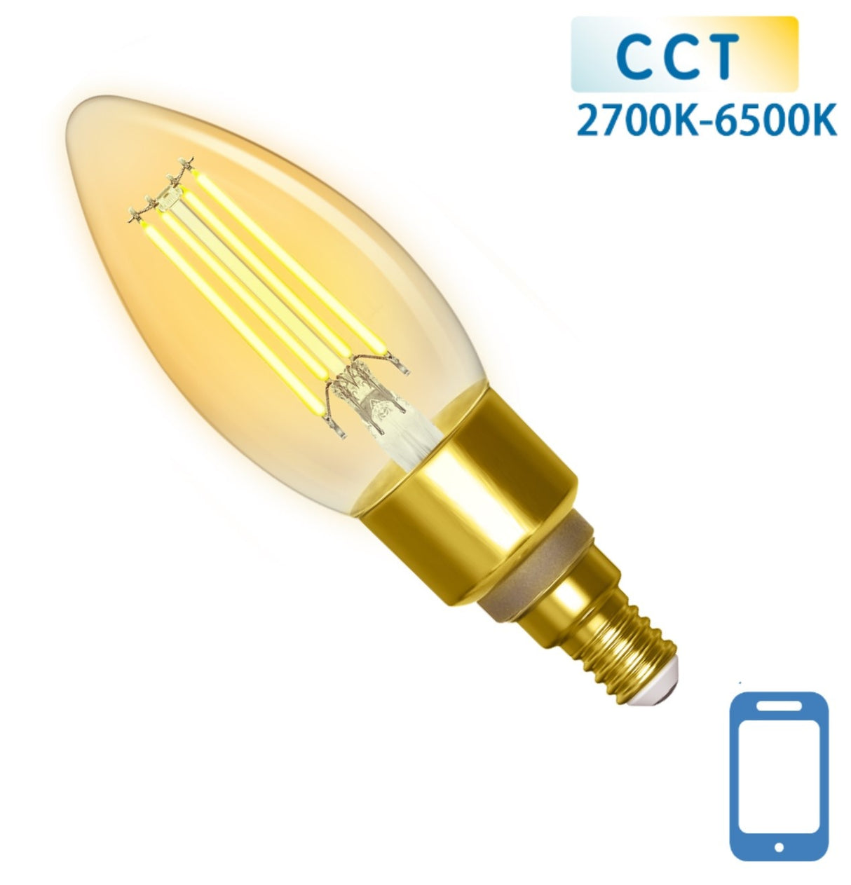 Candle bulb E14 4.5W WiFi + Bluetooth CCT 2700K-6500K | Smart lamp C35 - warm white - daylight white filament LED ~ 470 Lumen - amber glass - 230 Volt