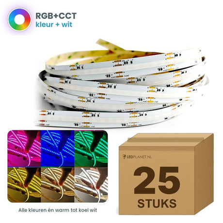 Doos met 25 rollen COB LED strip RGB+CCT 24V, alle kleuren en warm tot koel wit