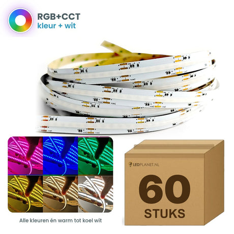 Doos met 60 rollen COB LED strip RGB+CCT 24V, alle kleuren en warm tot koel wit