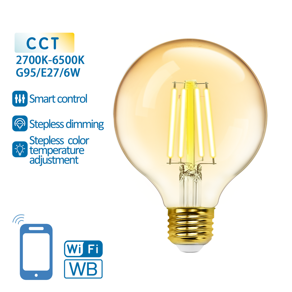 Globe E27 light bulb WiFi CCT 2700K-6500K | G95 - warm white - daylight white LED 6W ~ 806 Lumen - amber glass - 230 Volt