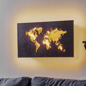 Design LED World Map Wall Decoration with Lighting - 60 x 30 cm - Brown Gold Metal