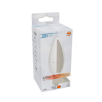 LED-Kerzenlampe E14, dimmbar - 470 Lumen - 5,5 W - Warmweiß 2700K-2200K - Dimmbar bis Warmweiß