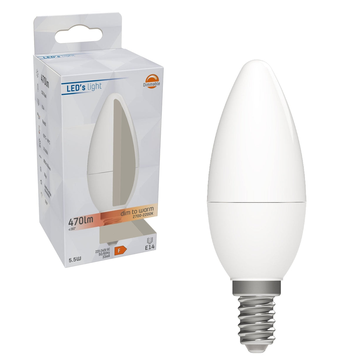 LED-Kerzenlampe E14, dimmbar, warmweiß (2700 K), 5 W, 470 Lumen, mattiertes Glas