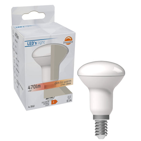 LED-Reflektorlampe 470 Lumen – 4,9 W – Dimmbar bis Warmweiß 2700 K–1800 K – E14 R50