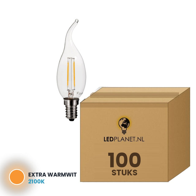 Kaarslamp E14 C35 gebogen tip, 100 stuks, 2100K, doos