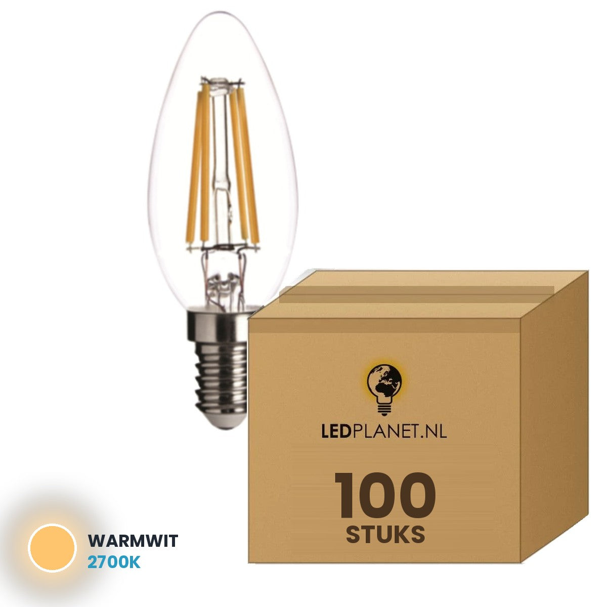 Kaarslamp E14 C35 spitse tip, 100 stuks, 2700K, doos