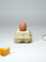 Duurzame LED lamp EggboxLAMP met een ei in een kartonnen houder, perfect voor duurzame verlichting