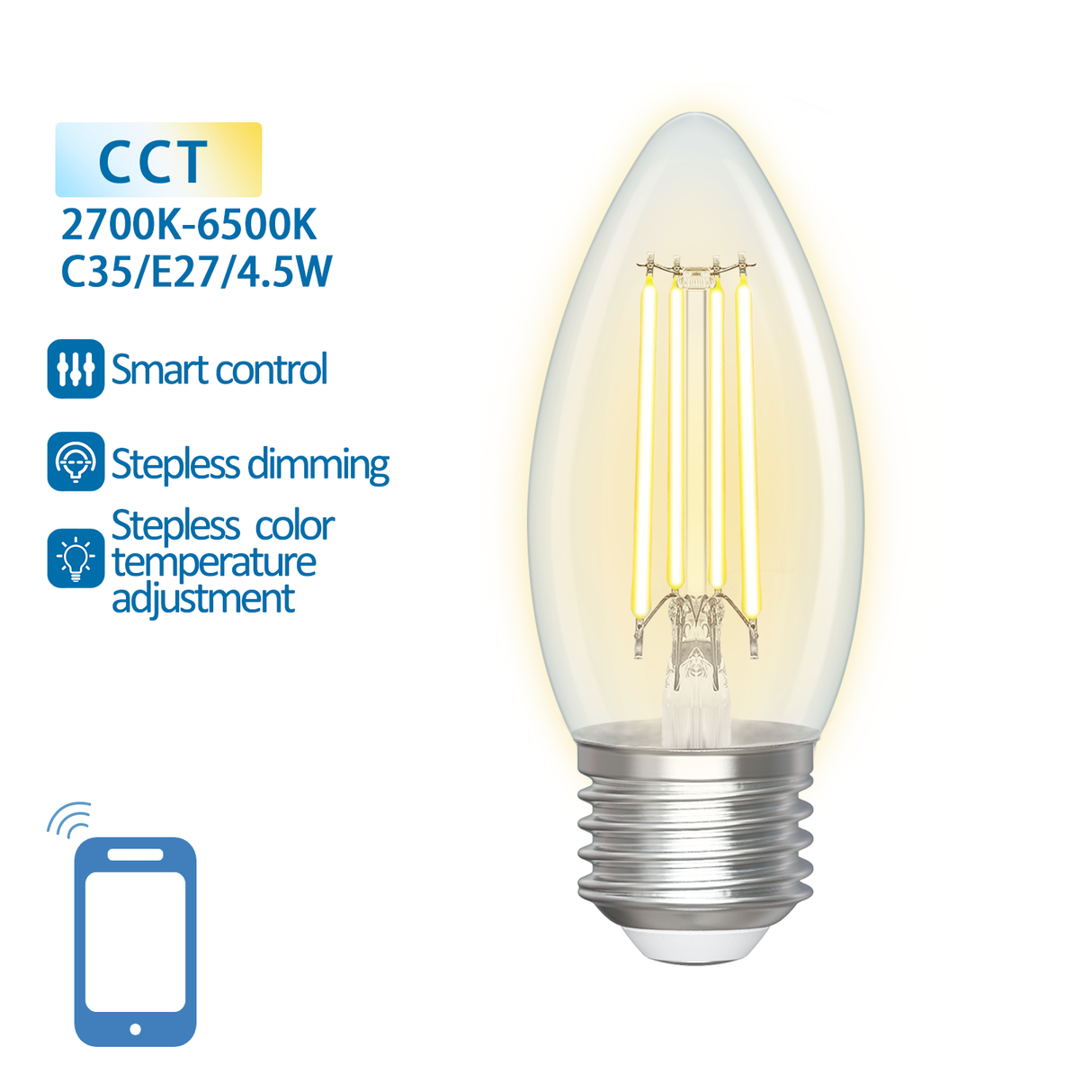 Kerzenlampe E27 4,5W WiFi + Bluetooth CCT 2700K-6500K | Smarte Lampe C35 – warmweiß – tageslichtweiße Filament-LED ~ 470 Lumen – klares Glas – 230 Volt