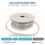 LED lichtslang 230V warmwit 3000K, 180 LEDs per meter, rol van 50 meter, IP65, per 100 cm te knippen
