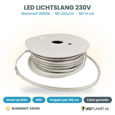 LED lichtslang 230V warmwit 3000K, 60 LEDs per meter, rol van 50 meter, IP65, per 100 cm te knippen