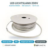 LED lichtslang 230V koelwit 4000K, 180 LEDs per meter, rol van 50 meter, IP65, per 100 cm te knippen