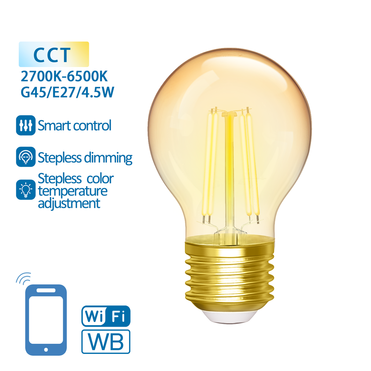 Ball bulb E27 4.5W WiFi + Bluetooth CCT 2700K-6500K | Smart lamp G45 - warm white - daylight white filament LED ~ 470 Lumen - amber glass - 230 Volt