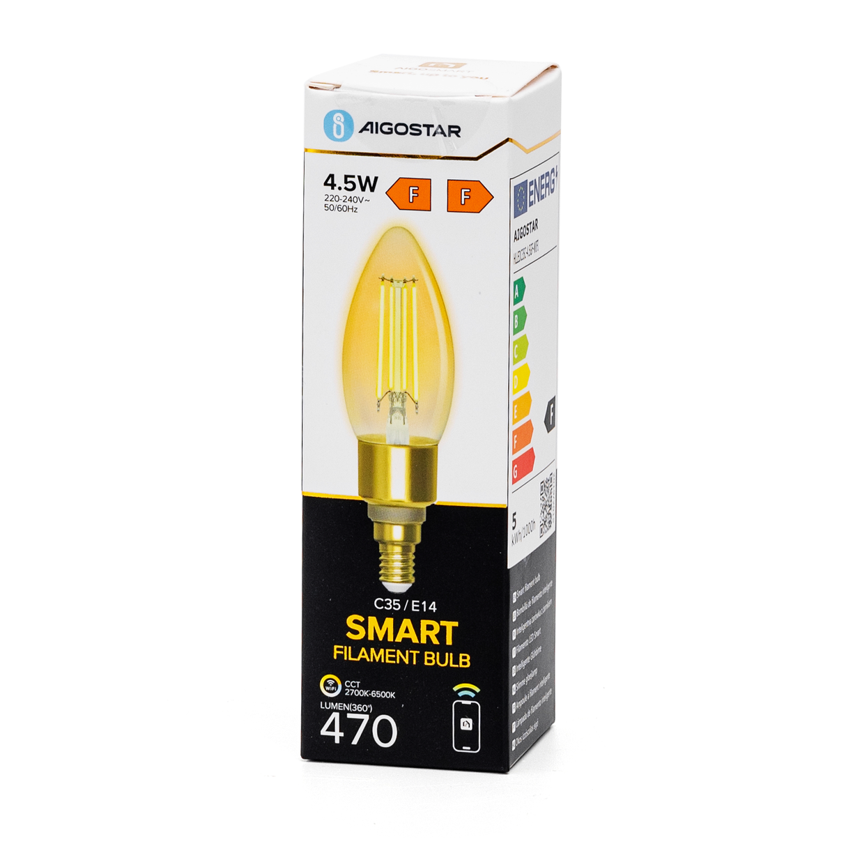 Kerzenlampe E14 4,5W WiFi + Bluetooth CCT 2700K-6500K | Smarte Lampe C35 – warmweiß – tageslichtweiße Filament-LED ~ 470 Lumen – bernsteinfarbenes Glas – 230 Volt