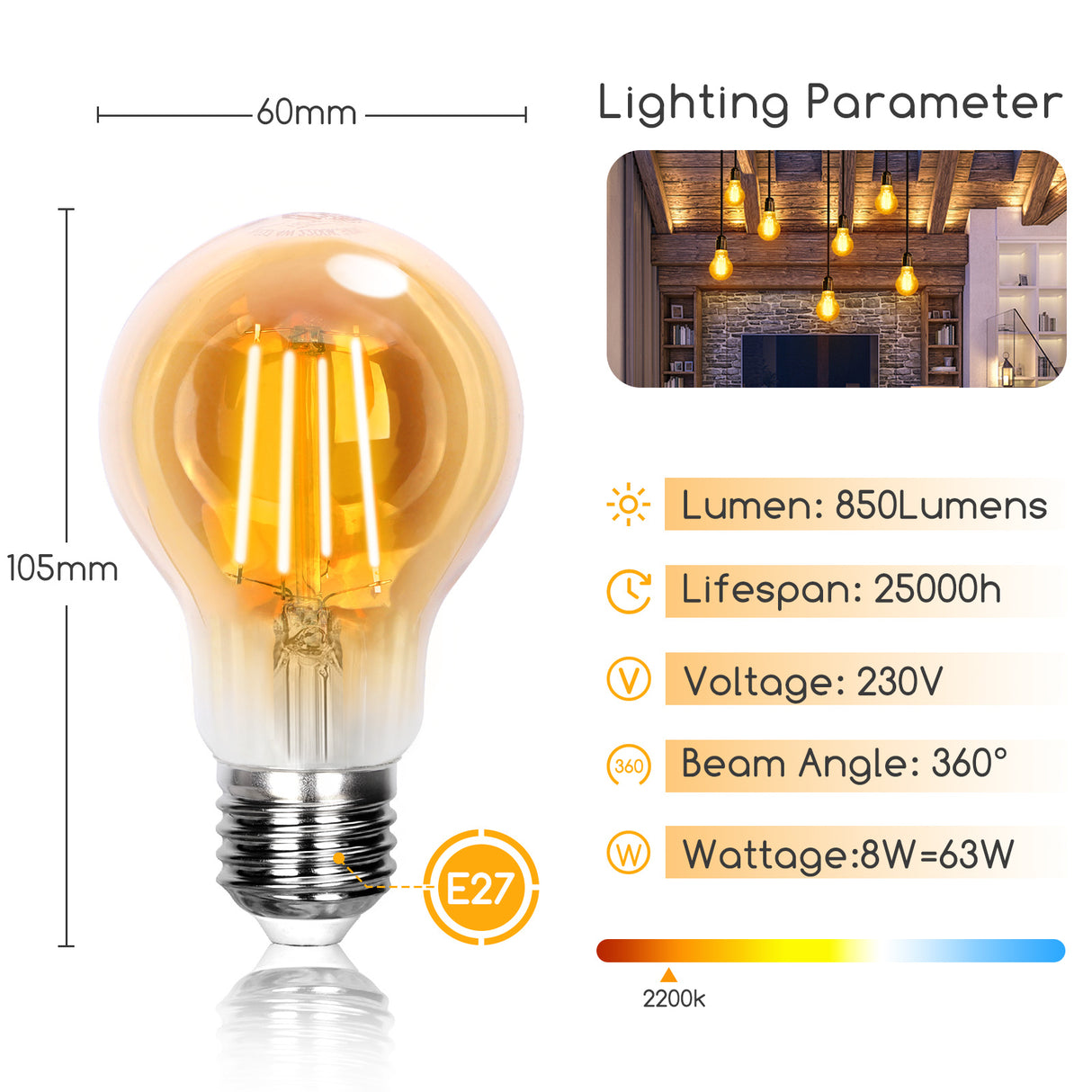 Gloeilamp E27 10 stuks | LED 8W=63W warmwit | 850 Lumen - 2200K - amber glas