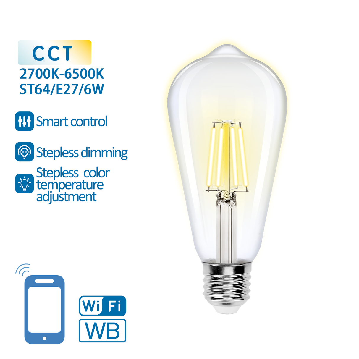 Carbon filament lamp E27 6W WiFi CCT 2700K-6500K | ST64 - warm white - daylight white LED ~ 850 Lumen - clear glass - 230 Volt