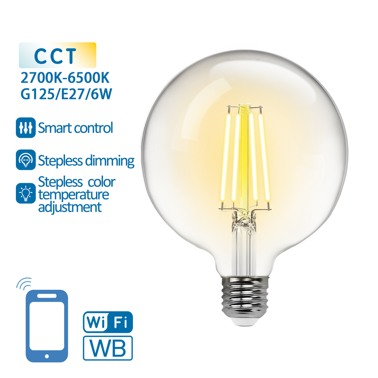 Globe E27 Glühbirne WiFi CCT 2700K-6500K | G125 – warmweiß – tageslichtweiße LED 6W ~ 850 Lumen – klares Glas – 230 Volt