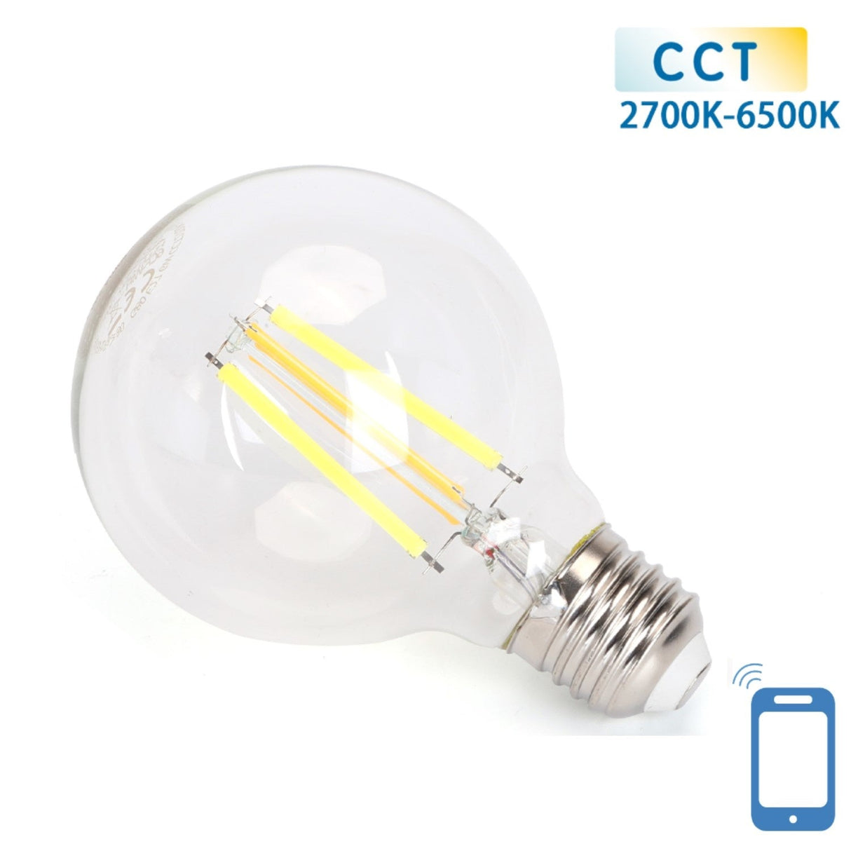 Globe E27 gloeilamp 6W WiFi CCT 2700K - 6500K | G80 - warmwit - daglichtwit LED ~ 850 Lumen - helder glas - 230 Volt - LEDPLANET.NL