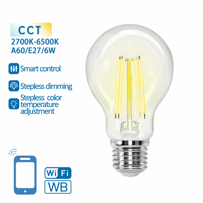 Gloeilamp E27 6W WiFi + Bluetooth CCT 2700K-6500K, Smartlamp A60, warmwit