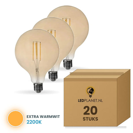 Gloeilamp E27 G125, LED 4W=40W, 360 Lumen, Amber 2200K, Dimbaar, doos 20 stuks, 230V