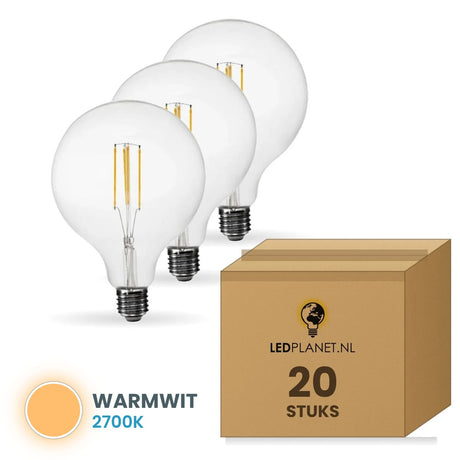 Gloeilamp E27 G125, LED 6W=60W, 660 Lumen, Clear 2700K, Dimbaar, doos 20 stuks, 230V