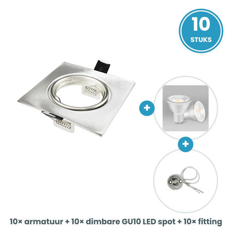 10 GU10 inbouwspots vierkant zilver compleet