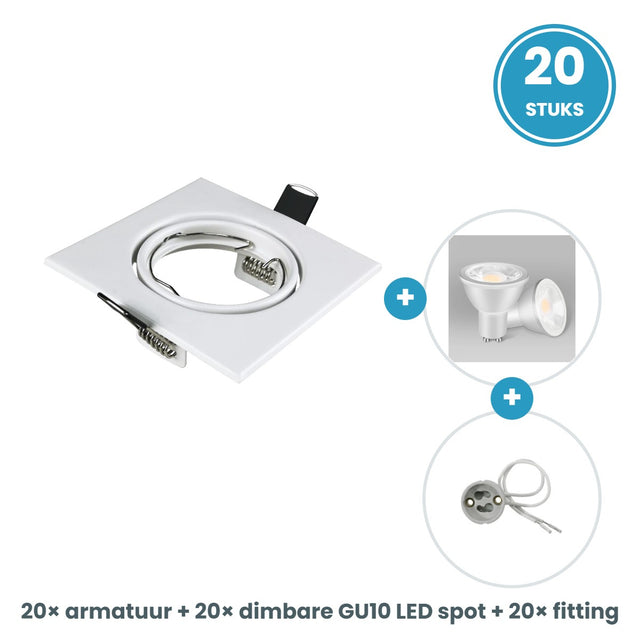20 GU10 inbouwspots vierkant wit compleet