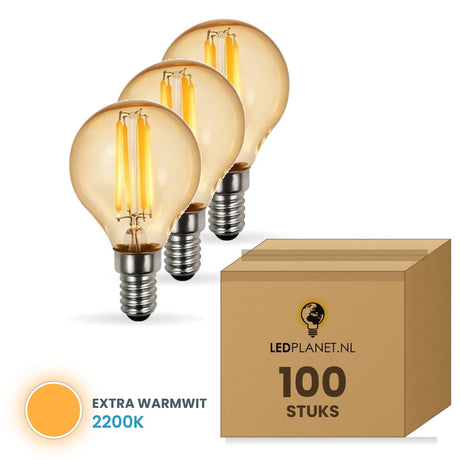 Kogellamp E14 G45, LED 5W=25W, 350 Lumen, Amber 2200K, Dimbaar, doos 100 stuks, 230V