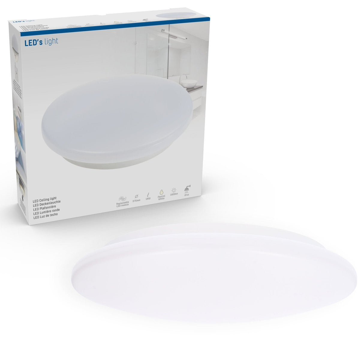 Runde LED-Deckenleuchte, kaltweiß 4000 K – 18 W, 1900 Lumen – Ø 37 cm, spritzwassergeschützt (IP44)