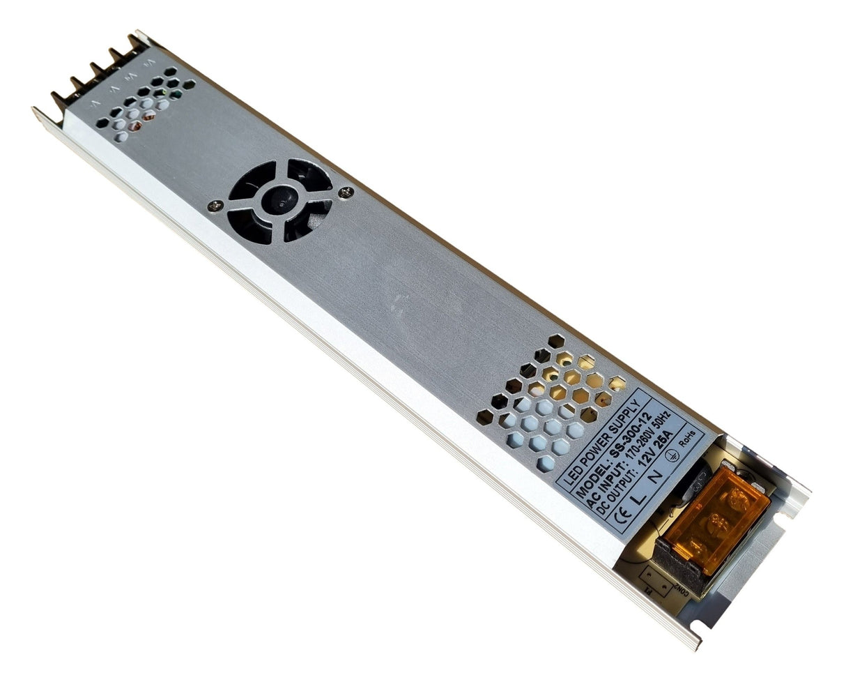 LED driver 12 Volt DC - 25A | 300 Watt + geforceerde koeling | plat/slank/dun 308 x 53 x 22 mm | IP20 - binnenshuis - LEDPLANET.NL