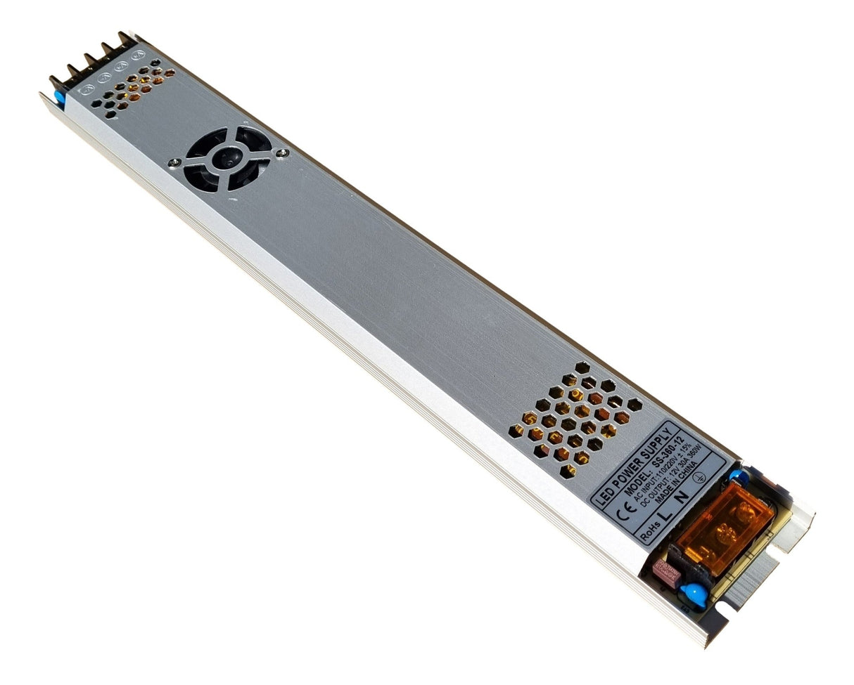 LED driver 12 Volt DC - 30A | 360 Watt + geforceerde koeling | plat/slank/dun 371 x 53 x 22 [mm] | IP20 - binnenshuis - LEDPLANET.NL