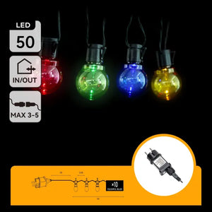 8-meter (3+5) multi-colored string lights - 10 LEDs | IP44 splash-proof - connectable (max 5) | 230VAC - 24V | with timer 6 hours on/18 hours off