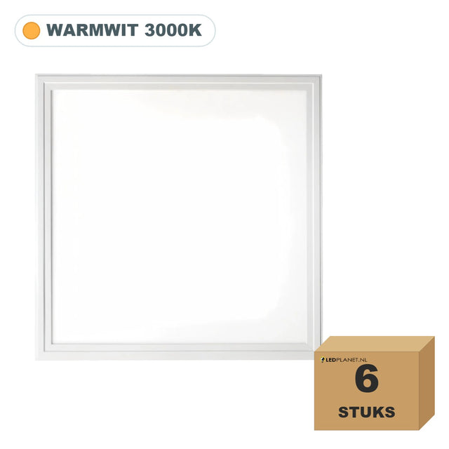 6 stuks edge-lit LED paneel 62x62, 40W, UGR<19, warmwit 3000K, in doos