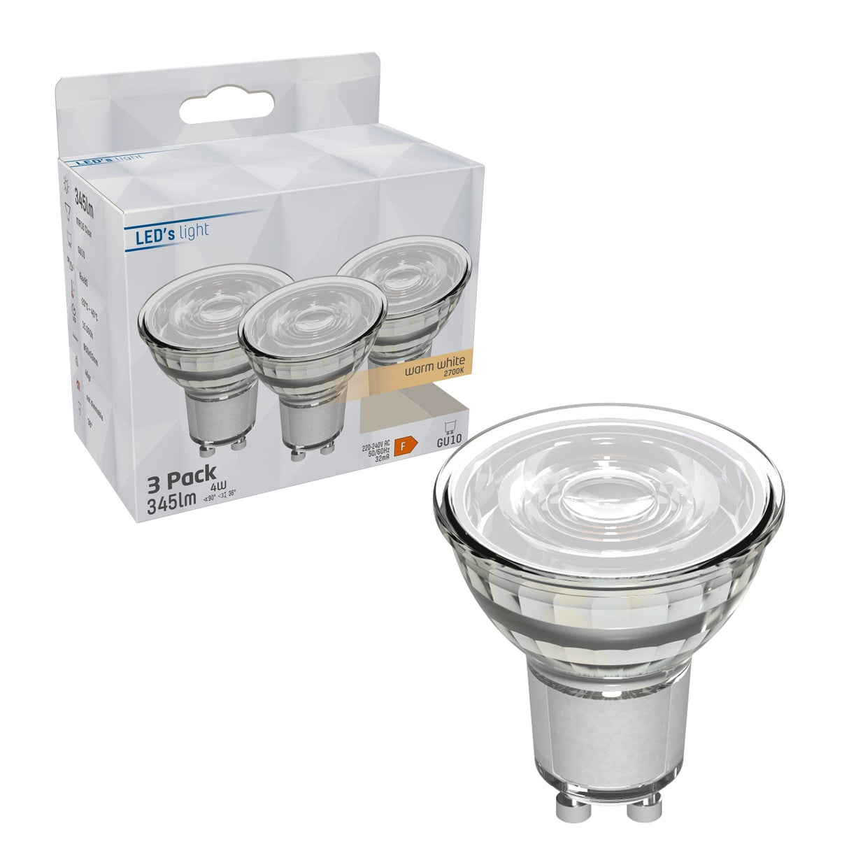 GU10 LED Spot MR16 - Warmwit 2700K - 4W - 345 Lumen - Glas - 3 Stuks