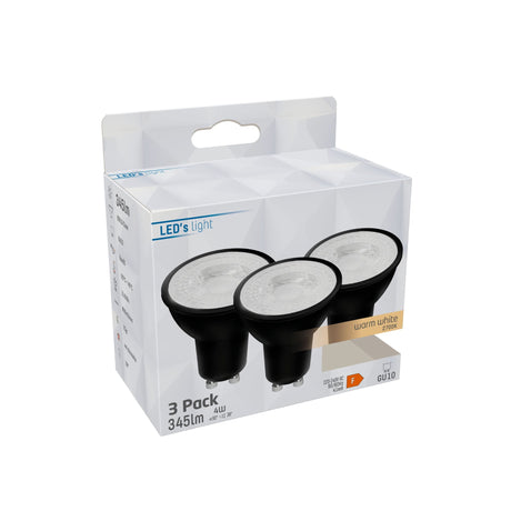 Spot LED GU10 noir - 345 lumens - Blanc chaud 2700K - 4W - 3 pièces