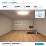 Simulatie lichtbundel LED TL buis T5 115cm 18W 2.880 lm warmwit 3000K 120° in een plafondarmatuur