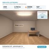 Simulatie lichtbundel LED TL buis T8 150cm 25W 2.750 lm warmwit 3000K 120° in een plafondarmatuur