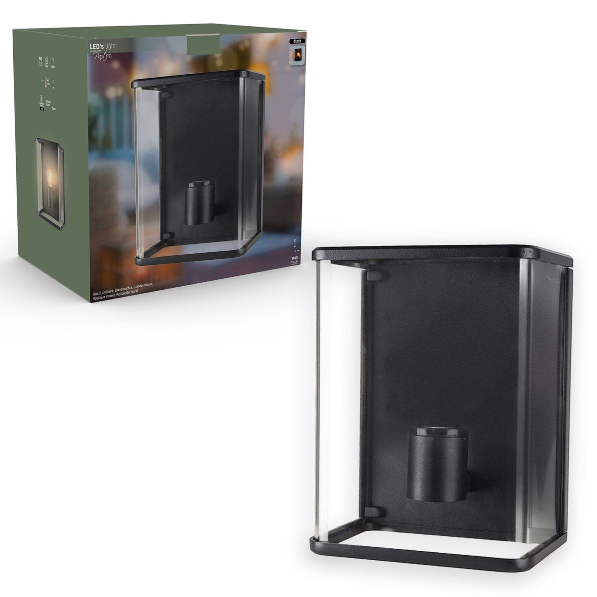 LED Wandlamp Glas - Rondom licht - Rechthoek - E27 fitting - IP44 - Zwart