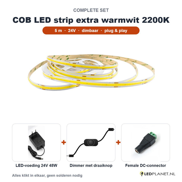 Complete set COB LED strip extra warmwit 2200K 5 meter met 24V 48W voeding, dimmer en female DC-connector